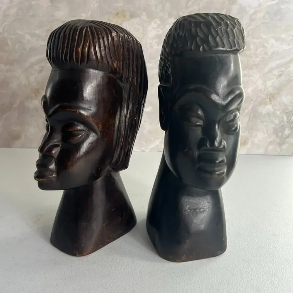 Vintage African Hand Carved Ebony Wood Head Sculptures 10.5